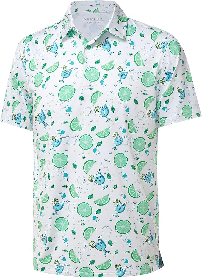 Man wearing a lightweight performance golf polo shirt with reflective strips, available in white, green, and blue.