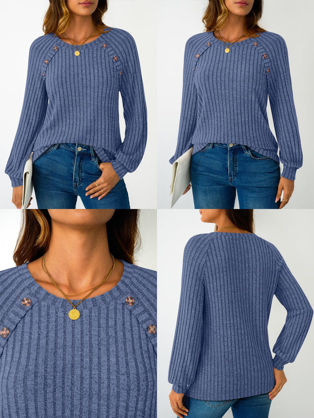 Women's Long Sleeve Tops - Fall Lightweight Sweaters with Shoulder Buttons
