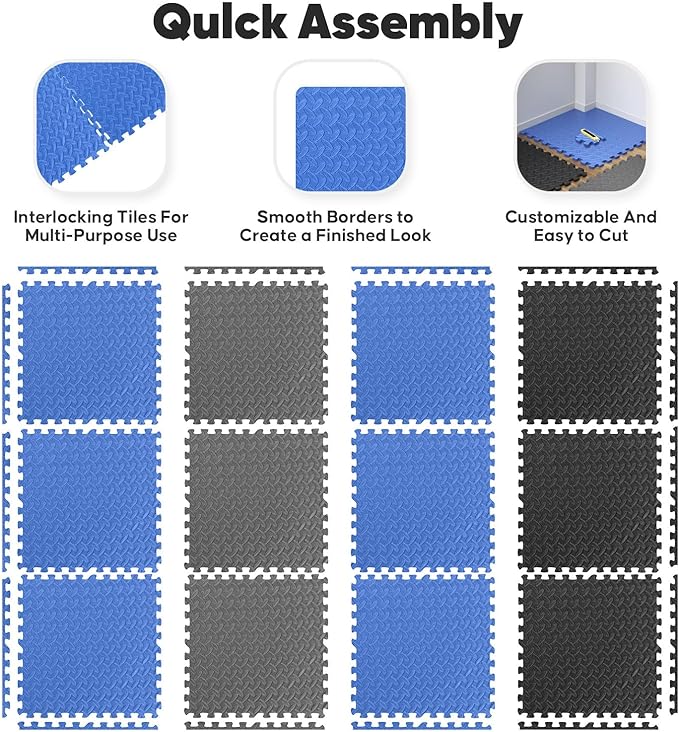 Home Gym Mat, Puzzle Exercise Mat, 1of EVA Interlocking Foam Floor Tiles for Home Workout Equipment and Kids' Play Areas - Grey, 24 in x 24 in x ½ in - 32 Tiles (Grey, 32 Pack 128 sq ft)