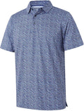 Men wearing a navy and white geometric striped performance golf polo shirt with a collared, button-down design.
