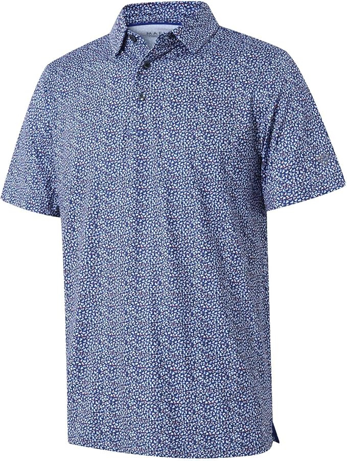 Close up of striped men's golf polo with moisture-wicking performance fabric