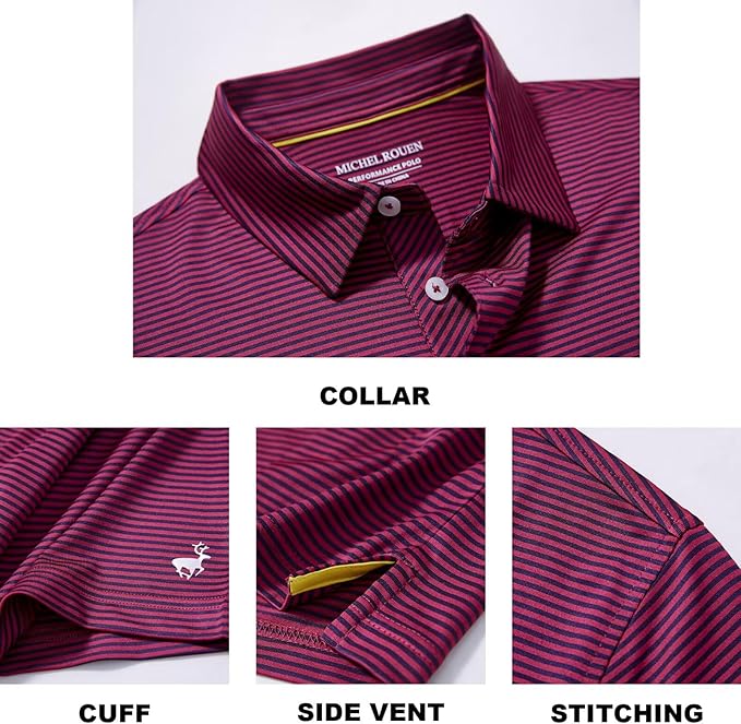 Mens Striped Performance Golf Polo Shirt - Moisture Wicking Dry Fit