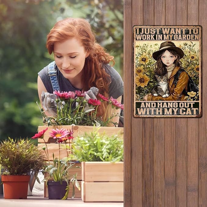 Cat Garden Vintage Tin Sign I Just Want To Work In My Garden and Hang Out With My Cat Retro Metal Tin Sign Sunflower Decor for Home Fence Porch Room Wall Decor Poster 12 * 16inch