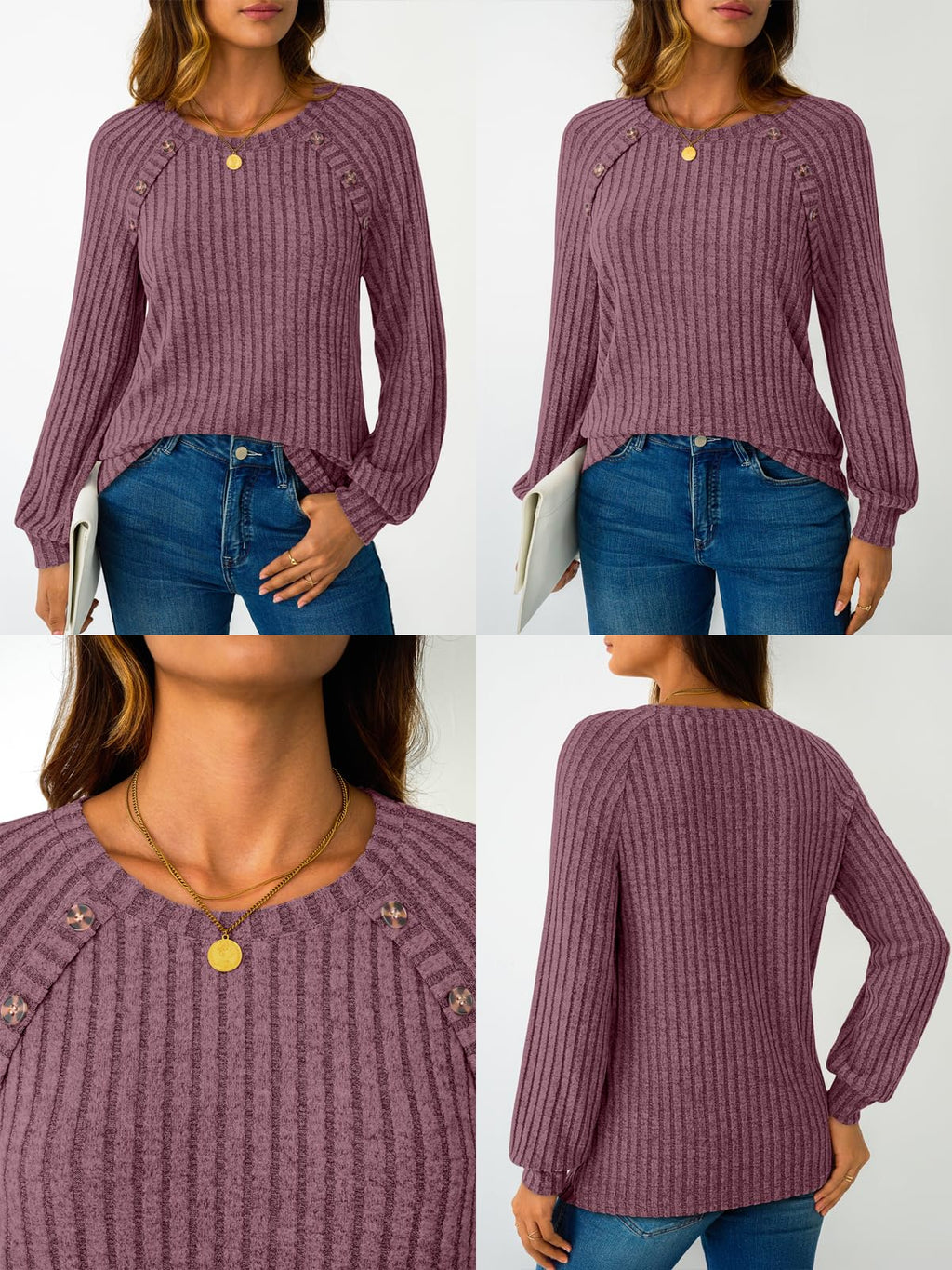 Women's Long Sleeve Tops - Fall Lightweight Sweaters with Shoulder Buttons