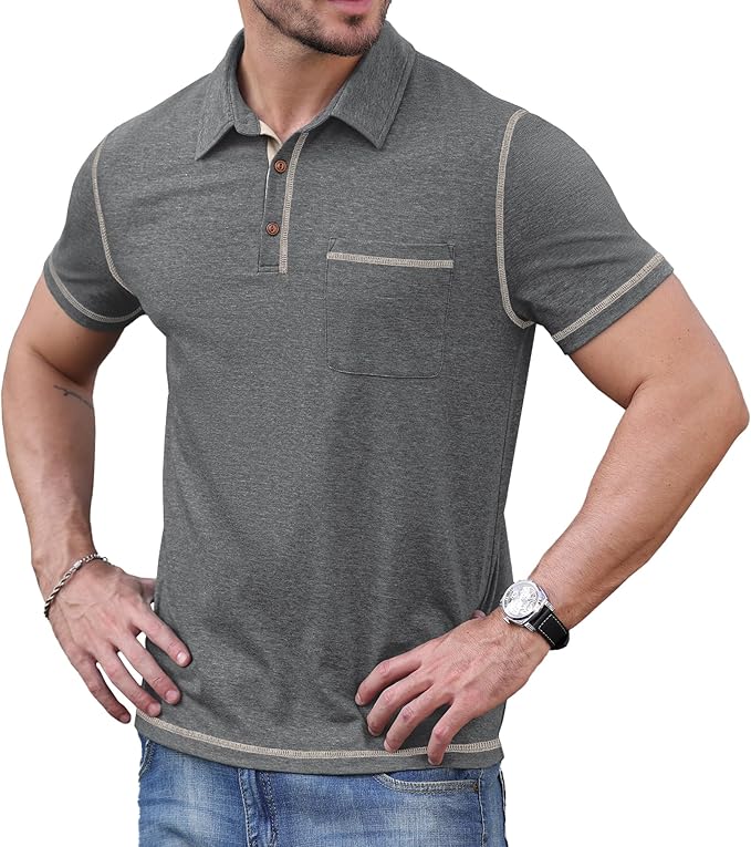 Men's Short Sleeve Polo Shirt with Pocket Casual Summer Golf Top