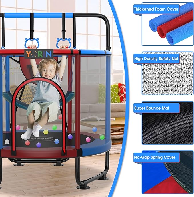 Kids Mini Trampoline with Basketball Hoop, Swing & Gymnastics Bar