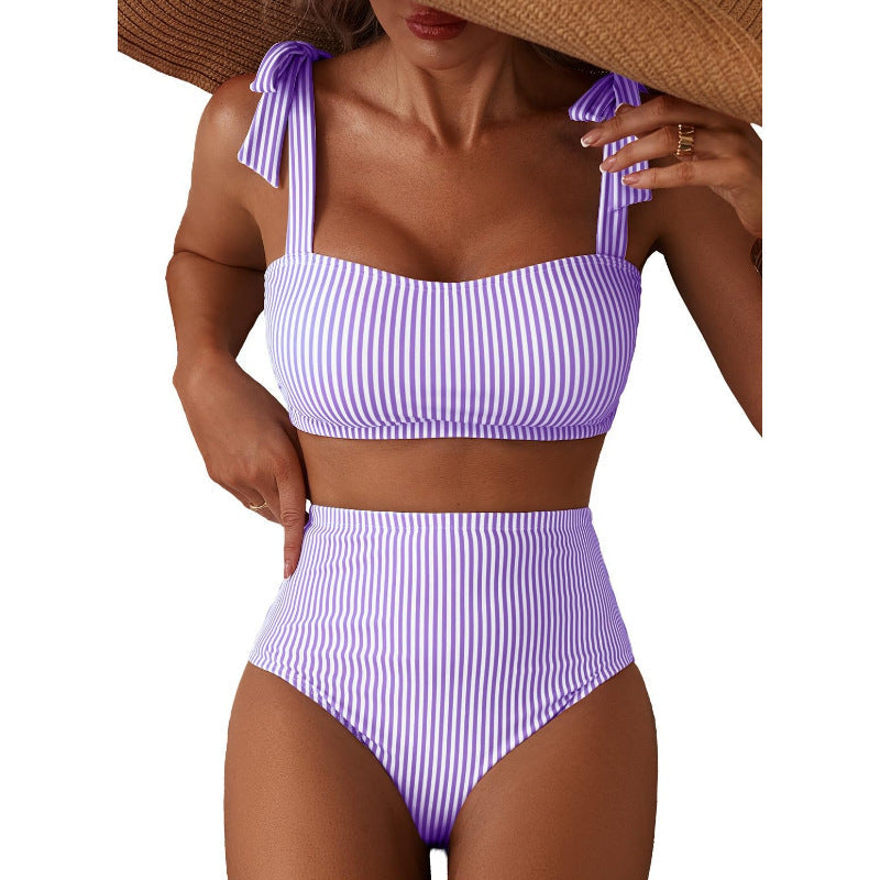 Tie-Shoulder Striped High-Waisted Bikini Set Two-Piece Swimsuit