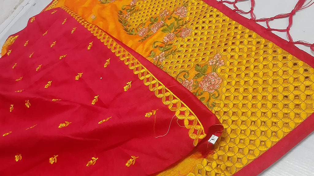 Orange and Pink Satin Silk Blend Ready to Wear Saree