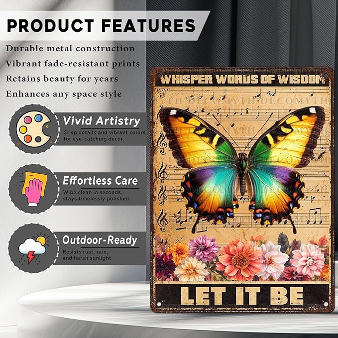 Vintage Garden Tin Sign Whisper Words Of Wisdom Let It Be Retro Butterfly Metal Poster Funny Wall Art Cafe Office Wall Decor for Kitchen Home Bar Pub Club 12 * 16inch