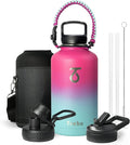 Trebo Insulated Water Bottle 64 oz, Half Gallon Metal Vacuum Water Jug with Paracord Handle and 3 Lids, Leakproof BPA-Free Flask for Gym Sports Hiking Travel, Keep Cold 48 Hours, Rose Red