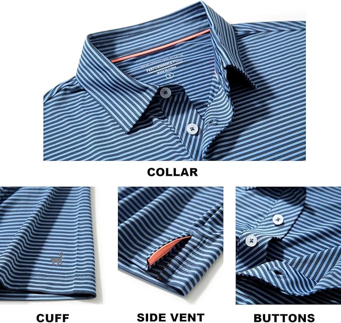 Mens Striped Performance Golf Polo Shirt - Moisture Wicking Dry Fit