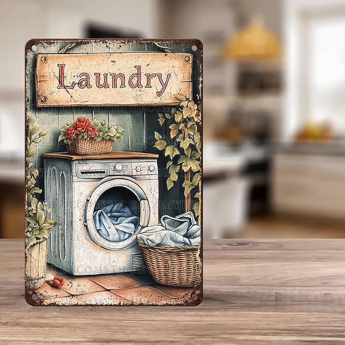Vintage Laundry Room Tin Sign Retro Metal Poster Funny Laundry Wall Art Cafe Toilet Farm Room Garden Plaque Outdoor Farmhouse Decor Bathroom Restroom 12 * 8inch