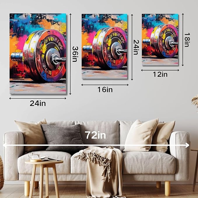 sawjug Gym Barbell Wall Decor, Colorful Graffiti Canvas Wall Art, Gym Motivational Wall Art, Colorful Pictures Wall Decor, Wall Painting for Living Room, Bedroom (16" x 24" x 3 pcs)