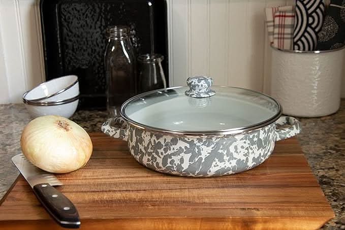 Grey Swirl 3 qt Saute Pan with Lid - Durable Enamelware