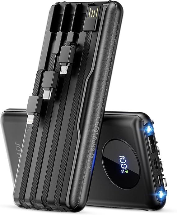 Portable Charger Power Bank - Slim Battery Pack USB C 10000mAh Built in Cable 22.5W Phone Fast Charging