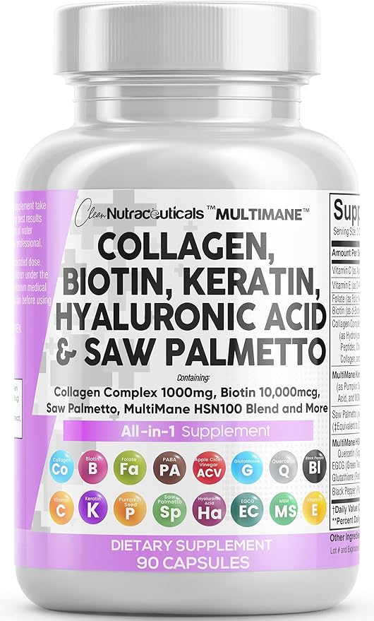Clean Nutraceuticals Collagen Pills 1000mg Biotin 10000mcg Keratin Saw Palmetto Hyaluronic Acid - Hair Skin & Nails Vitamins & DHT Blocker with Vitamin E Folic Acid Pumpkin Seed MSM - 90 Count