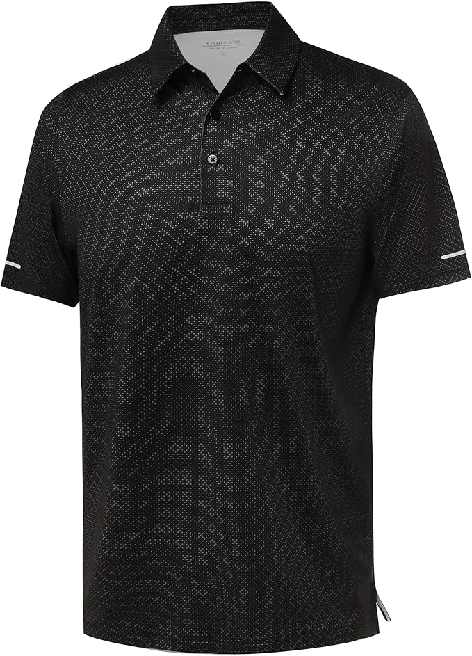 Close up of men's striped moisture-wicking golf polo with reflective sleeve cuff detail