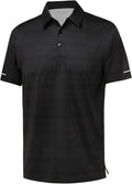 Close up of men's striped moisture-wicking golf polo with reflective sleeve cuff detail
