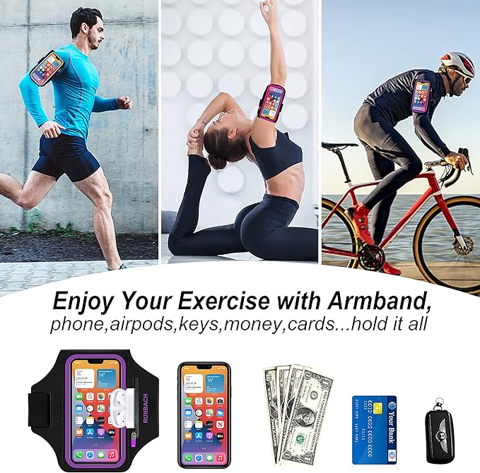 Armband for iPhone 16 Pro Max/16 Plus/15 Pro Max/15 Plus/iPhone 14 Pro Max/14 Plus/13,12,11 Pro Max/XS Max,Water Resistant Sport Armband with Zipper Slot for Airpods and Keys (Purple)