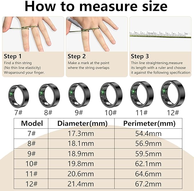 Thin Smart Ring for Fitness & Health Tracking -Pedometer,Sleep/Heart Rate/Blood Oxygen Monitor, Gesture Control / 5ATM Waterproof -No APP Subscription Compatible with Android& iOS (Black, 7)