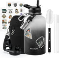 64 oz Insulated Water Bottle with Straw (Cold for 48 Hrs), Half Gallon Stainless Steel Triple Wall Vacuum Sports Water Jug, Leakproof Hydro Cup Flask with Straw Spout Lids & DIY Stickers