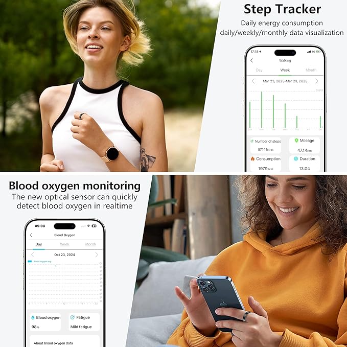 Thin Smart Ring for Fitness & Health Tracking -Pedometer,Sleep/Heart Rate/Blood Oxygen Monitor, Gesture Control / 5ATM Waterproof -No APP Subscription Compatible with Android& iOS (Black, 7)