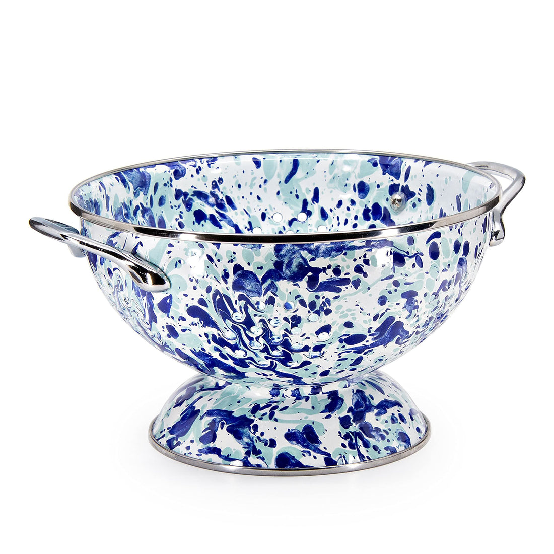 3 Quart Enamelware Colander in Blue and White Splatter Pattern