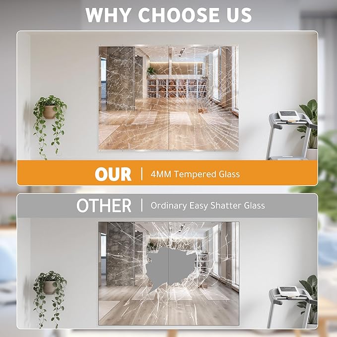ROOMTEC Workout Mirrors for Home Gym 60"x30"-2PCS, Large Wall Mirror Full Length for Fitness, Yoga, Big Wall Mounted Frameless Glass Mirror for Garage, Dance Studio, Bedroom