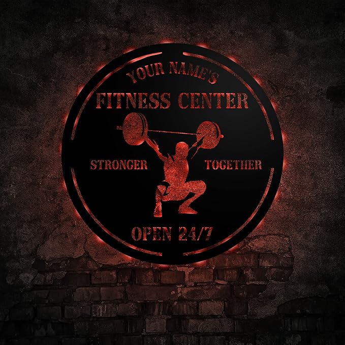 Personalized Home Gym LED Tin Metal Sign Multiple Sizes, Gym Sign Wall Decor, Exercise Workout Room Decor Fitness Center, Motivational Inspirational Hanging Wall Art Wall Plaque (04 w/lights)
