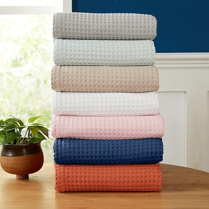 100% Cotton Waffle Weave Queen Bed Blanket | Soft, Breathable, and Lightweight Blanket for All-Seasons | Perfect for Layering | Brielle Collection (King, Sky Blue)