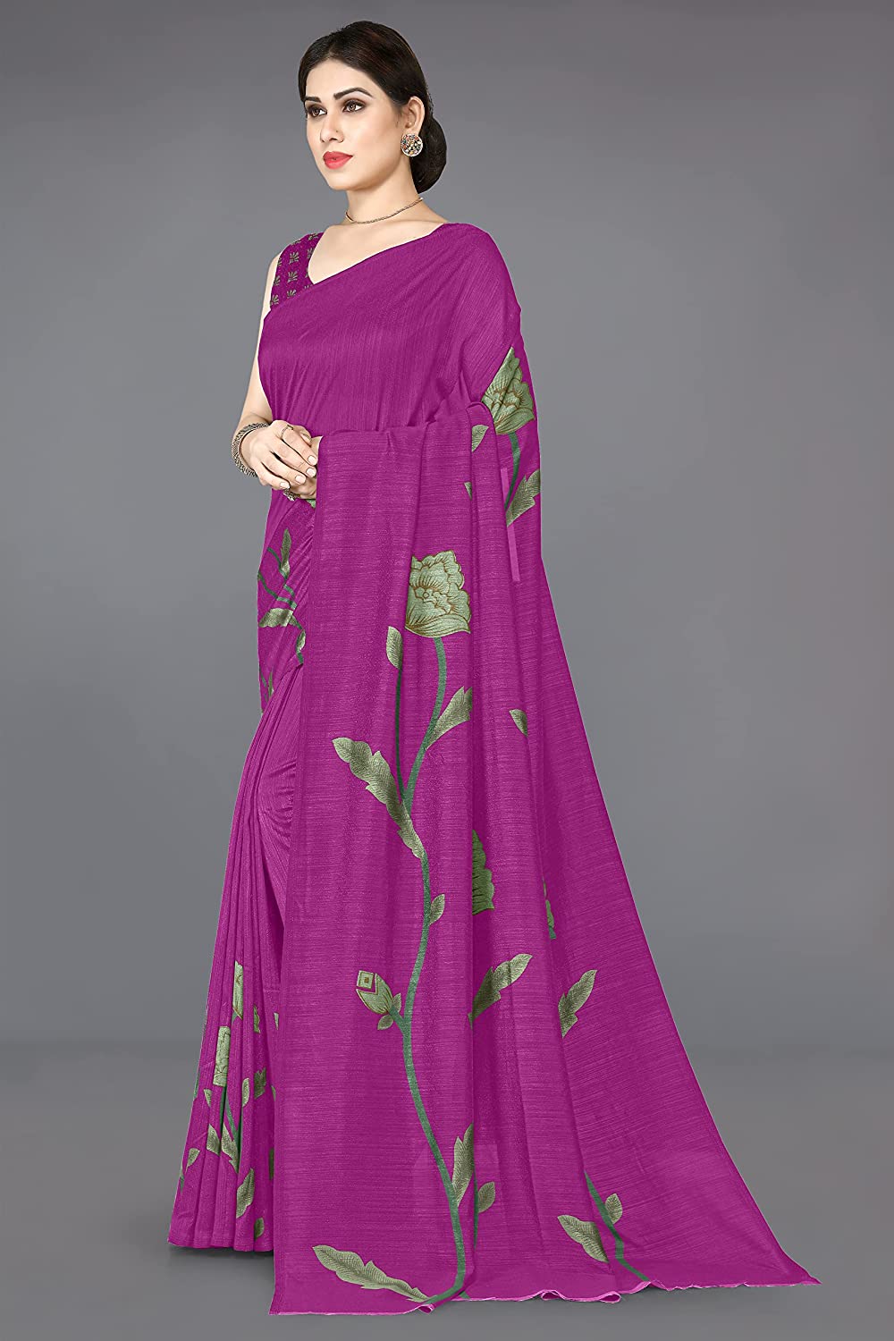 Women's Pink Vichitra Silk Floral Printed Saree with Matching Blouse