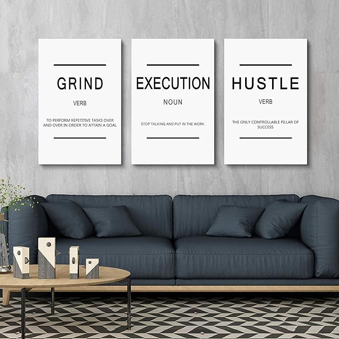 Framed Canvas Wall Art Success Quote - Office Wall Art, White Large Poster, Positive Motivational Set of 3 Prints, Execute Grand Hustle Poster, Inspirational Print (C-3pcs,20x30inchx3pcs)