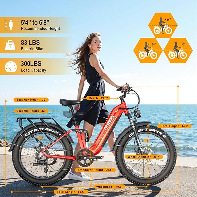 FREESKY Electric Bike for Adults,105mile Long Range Ebike, 2000W Motor 37MPH Fast Step-Thru E Bike 25Ah Samsung Cells Battery Full Suspension Electric Dirt Bicycle 26'' Fat Tire for Commuter Mountains