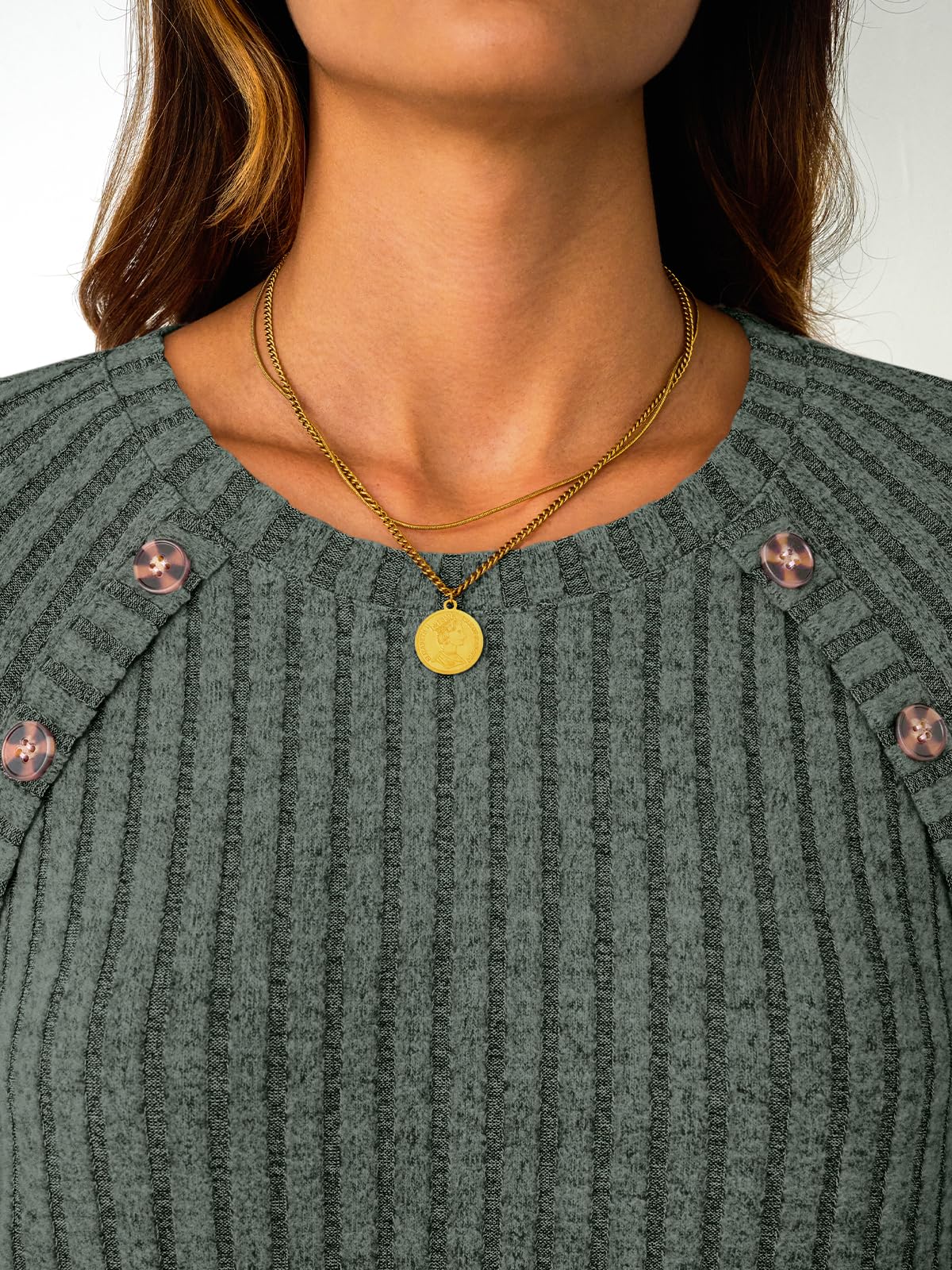 Women's Long Sleeve Tops - Fall Lightweight Sweaters with Shoulder Buttons
