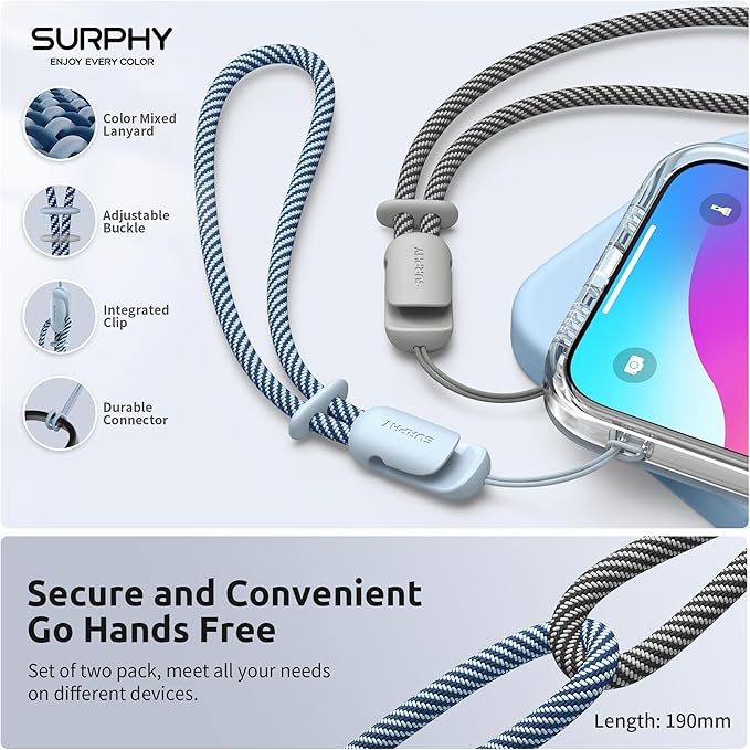 SURPHY 2 Pack Phone Lanyard for Cellphone Case, Phone Wrist Strap for Case, Cellphone Strap with 2-Color Braided, Charm Wrist Lanyard for Women and Men, Cloud Blue & Gray