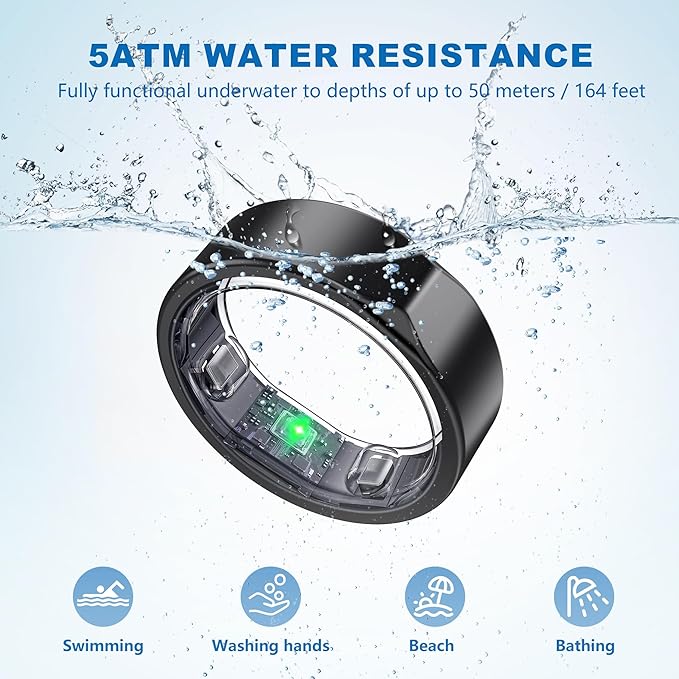 Smart Ring for Women Men - Titanium Health Fitness Tracker Ring with Heart Rate, Step Counting, Calories, Sleep & Stress Monitor for iPhone and Android, No Subscription Fee (Black, 8)
