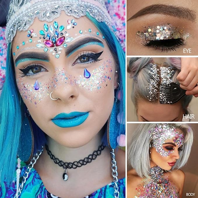 MEICOLY Green Face Body Glitter,Alien Glitter Makeup,Mermaid Sequins Glitter Face Paint,Face Hair Party Festival Chunky Glitter Makeup