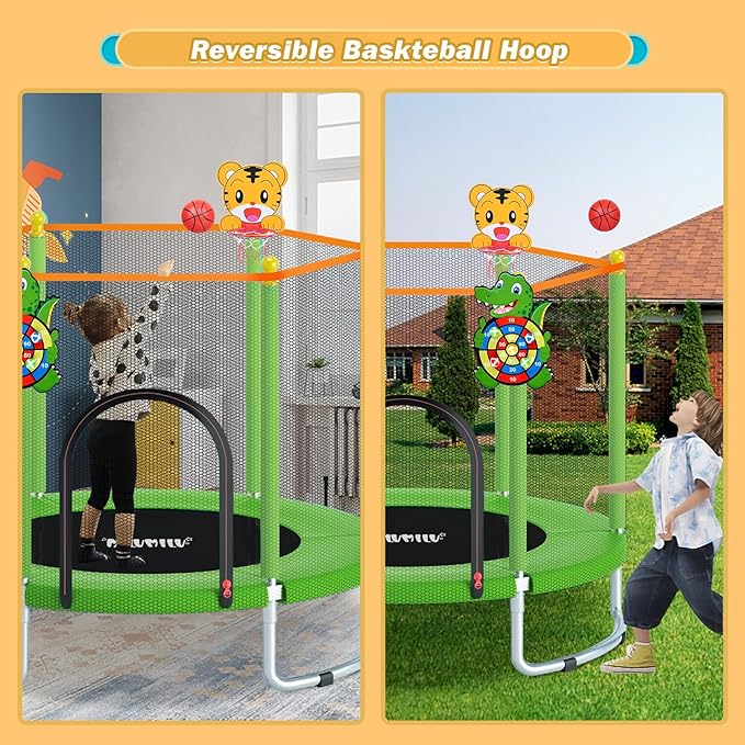60" Kids Indoor Outdoor Trampoline with Safety Net and Basketball Hoop