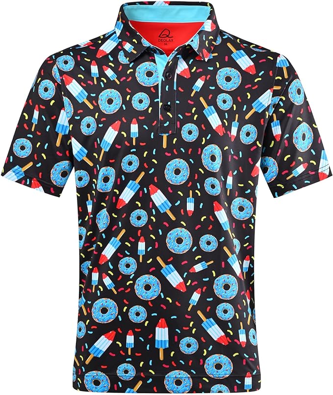 Men wearing a stylish printed short-sleeve performance golf polo shirt
