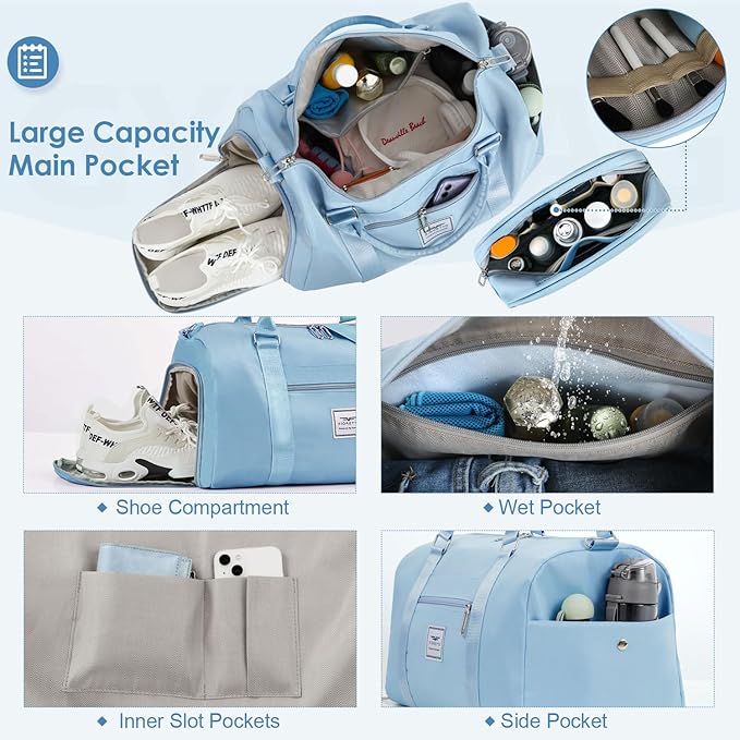 FIORETTO Womens Gym Tote Duffle Bag with Toiletry Bag, Sports Duffel Overnight Hospital Workout Carry on Bag for Girls with Wet Pocket & Shoe Compartment, Ideal for Travel, Swimming, Dance Light Blue