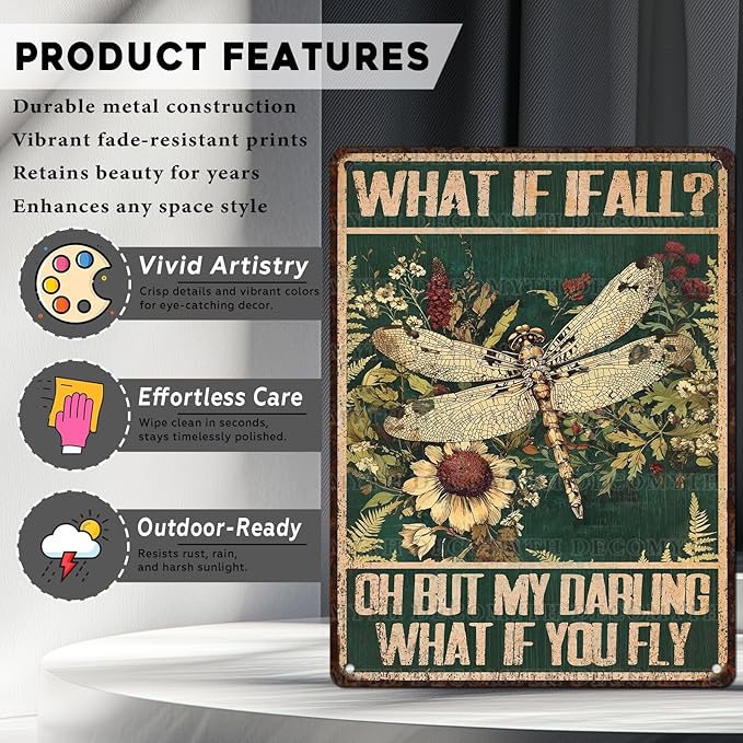 Dragonfly Vintage Tin Sign What If I Fall Metal Tin Sign for Home Bedroom 12 * 16inch
