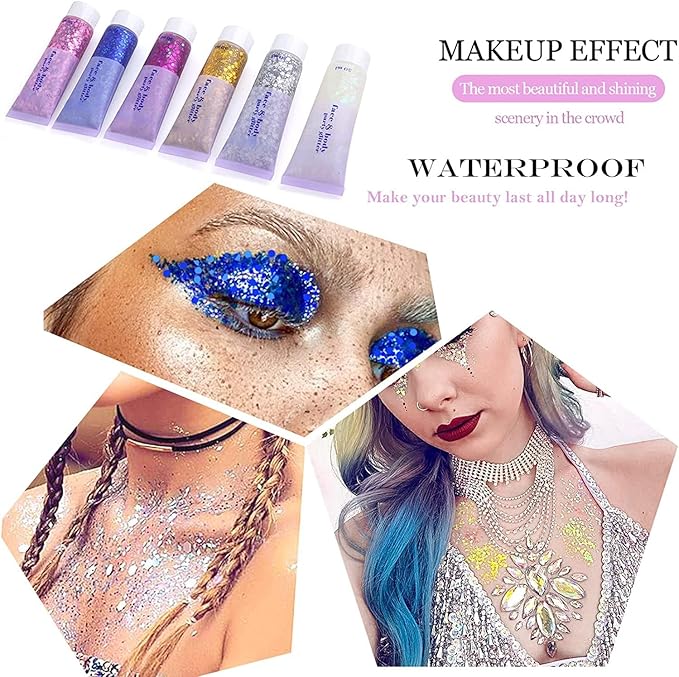 Blue Face Glitter,Sparkling Neon Outfit Party Holographic Sequins Paint Body Glitter Gel Makeup.(01# Blue)