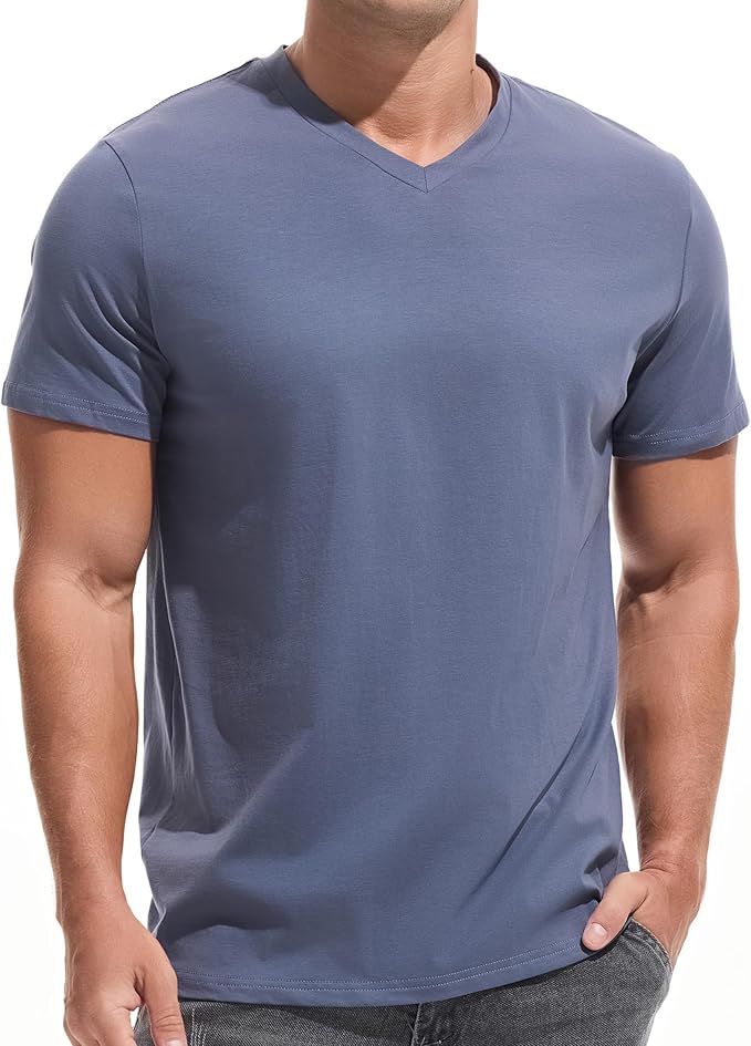 A man wearing a premium fitted modern V-neck t-shirt in a neutral color, showcasing the form-fitting cut.