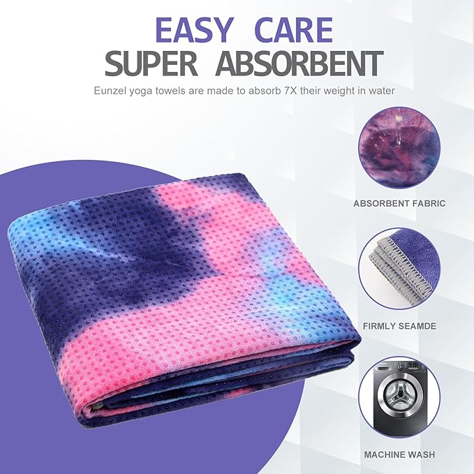Eunzel Yoga Towel,Hot Yoga Mat Towel with Grip Dots Sweat Absorbent Non-Slip for Hot Yoga, Pilates and Workout 24" x72", Purple & Blue