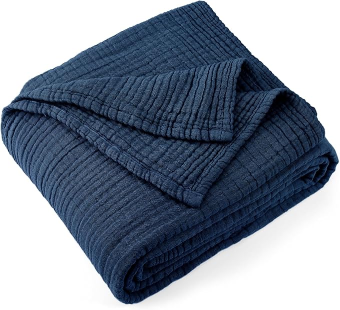 Carriediosa 100% Cotton Muslin Throw Blanket 66" X 90" Twin XL Size，4-Layers Summer Gauze Throws for Bed Couch，Soft Lightweight Breathable Linen Blankets Bedspread for Adults All Season，Navy Blue