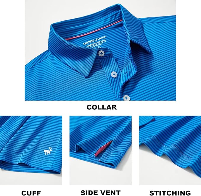 Mens Striped Performance Golf Polo Shirt - Moisture Wicking Dry Fit