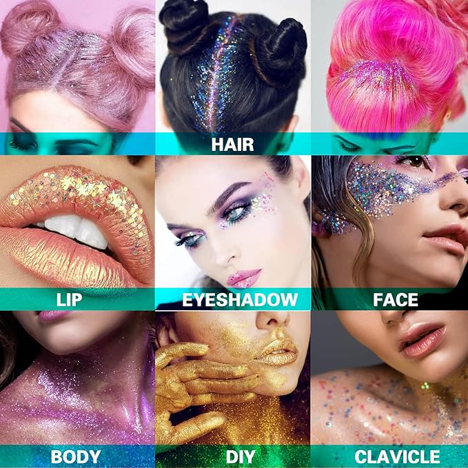 MEICOLY Purple Face Body Glitter,Mardi Gras Outfit for Women,Sparkle Mardi Gras Accessories,Chunky Glitter Face Paint,Face Eye Lip Hair Music Festival Rave Glitter Makeup,Body Glitter Gel for Women