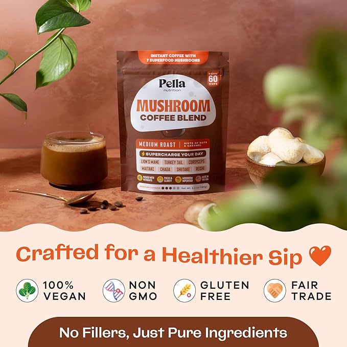 Pella Nutrition Organic Mushroom Coffee – Lions Mane, Reishi, Chaga, Cordyceps, Shiitake, Maitake & Turkey Tail – Superfood Instant Mushroom Coffee Blend for Focus & Energy (Regular Caffeine, 60 Cups)
