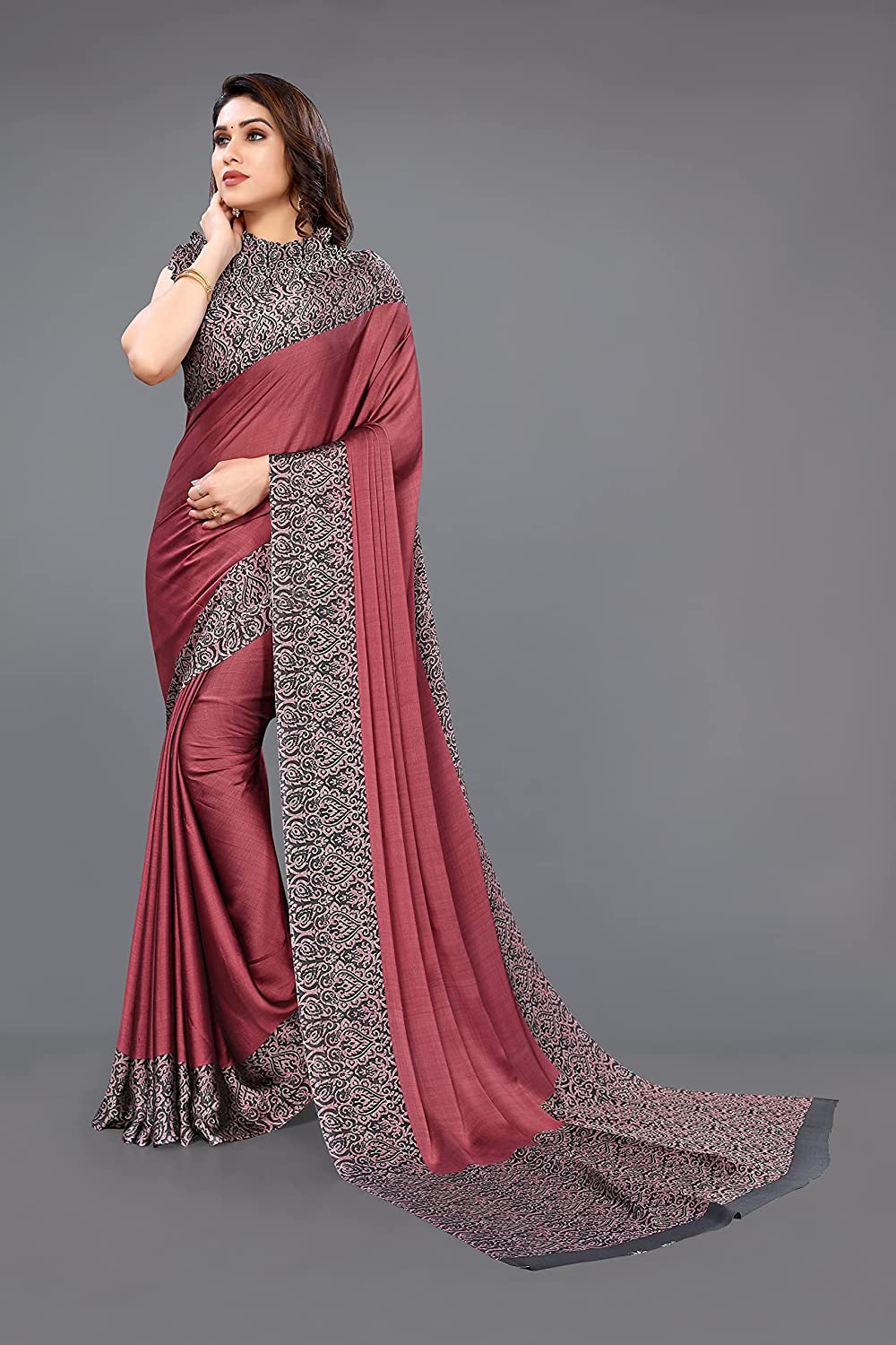 Pink & Black Printed Chiffon Saree with Kalamkari Design