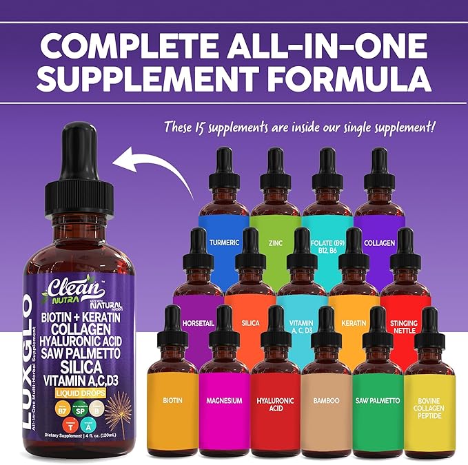 Biotin Liquid Drops Collagen Keratin Hyaluronic Acid Saw Palmetto for Hair Skin and Nails Silica Vitamin A C Vitamin D Bamboo Turmeric Zinc Folate Magnesium Horsetail LuxGlo by Clean Nutra